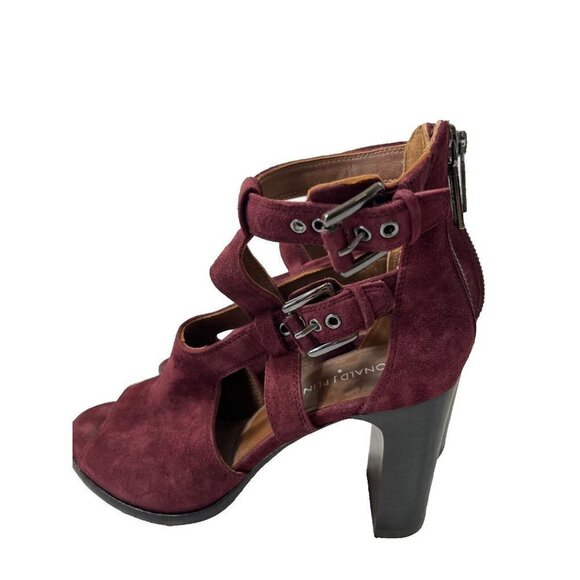 Donald J Pliner Size 7  suede Bootie Sandal Burgundy Block Heels - Picture 1 of 11